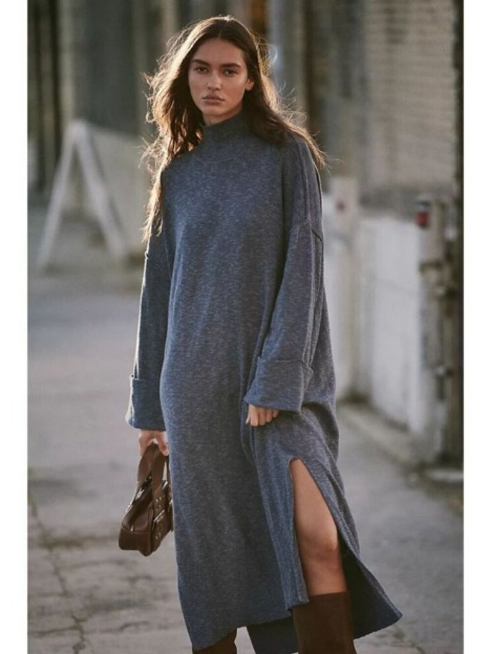 Free People Faye Midi Sweater Dress Blue  Cotton Linen Oversized XS NWT